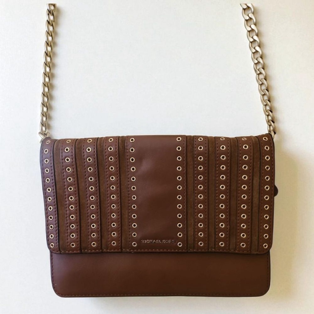 Michael Kors Leather Suede Brown Grommet Crossbody Bag
